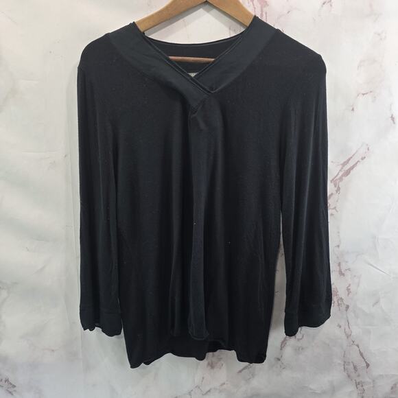 J Jill Shirt Womens Medium Black Tee T V Neck Quarter Sleeve Silk Trim Accent - Picture 1 of 11